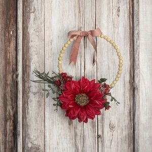 Gorgeous Deep Red Dahlia Natural Wooden Bead Hoop Wreath